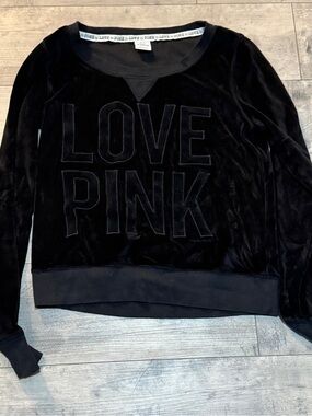 LOVE PINK Black Velour Crewneck Sweatshirt, Size Large